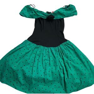 VTG Diamond's Run Party Dress 1980s Sz Small 9/10 Off Shoulder Rosette Green USA
